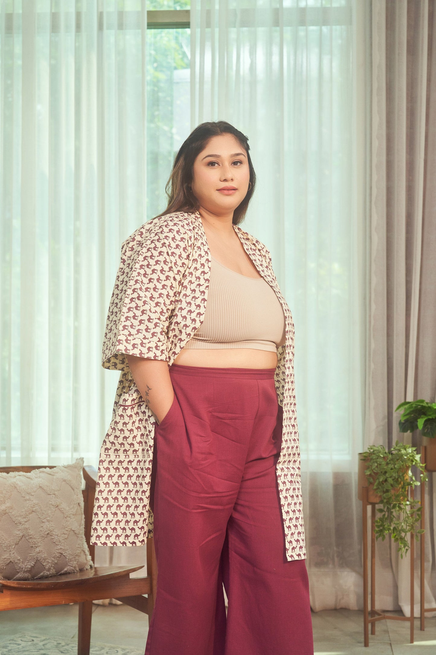 Camel Print  Jacket Culotte Set (Set of 2) – plus size winter wear outerwear