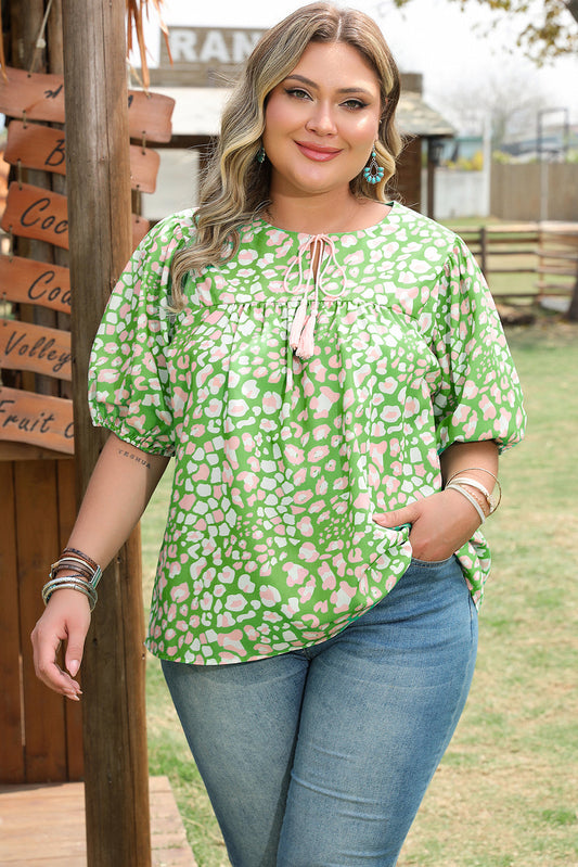 Selena Plus Size Floral Tassel Tie Blouse-0
