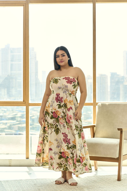 Beige Pleated Floral Cotton Tube Dress – Chic & Elegant