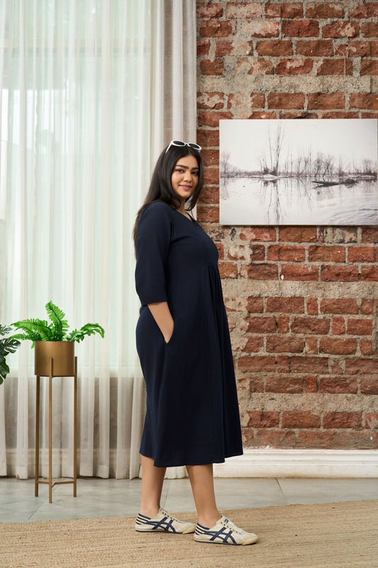 Navy Blue V-Neck Linen Midi Dress with Gathered Waist – plus size linen
