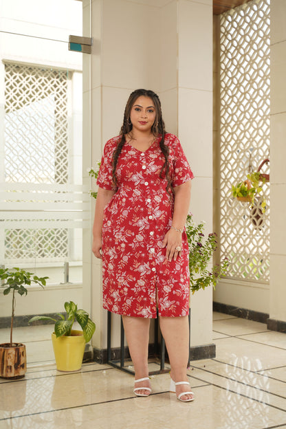 Red Floral Cotton Button Down Dress - Plus size – plus size cotton