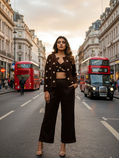 Brown Embroidered Velvet Jacket – plus size velvet winter wear outerwear