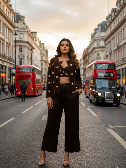 Brown Embroidered Velvet Jacket – plus size velvet winter wear outerwear