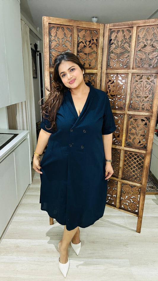 Midnight Blue Button-Down Lapel Linen Jacket Dress – plus size linen winter wear outerwear