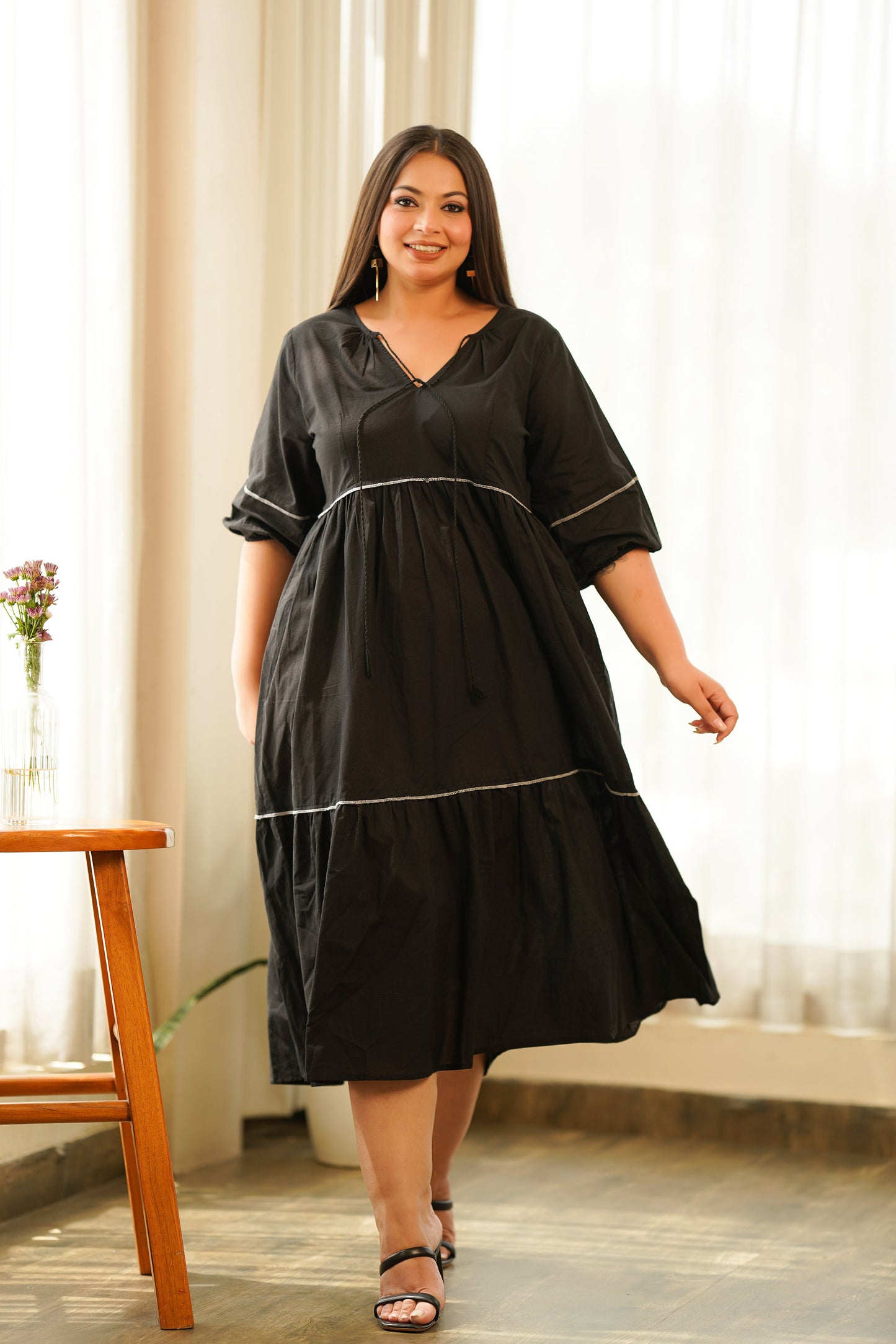 Black Cotton Tiered Dress