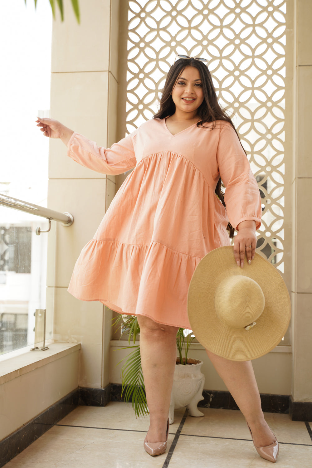 Peach Tier Linen Short V-Neck Dress – plus size linen