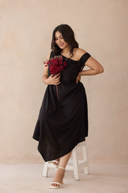 Classic Black Asymmetric Midi Dress – plus size