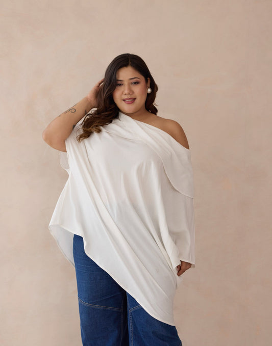 Whisper White One-Shoulder Cowled Shawl Neck Top – plus size