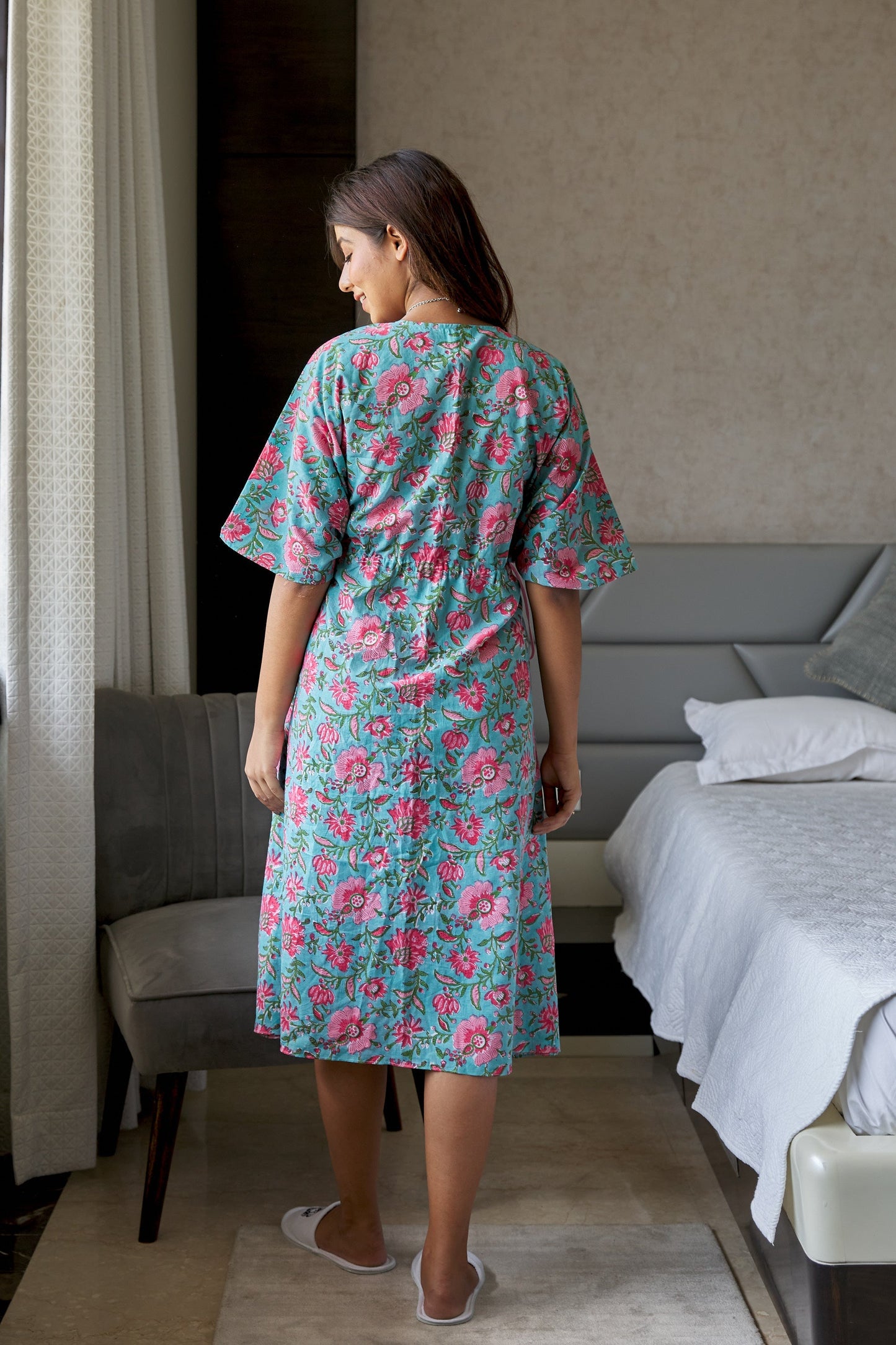 Blue Floral Cotton Kaftan Dress