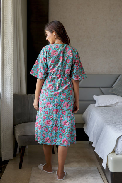 Blue Floral Cotton Kaftan Dress