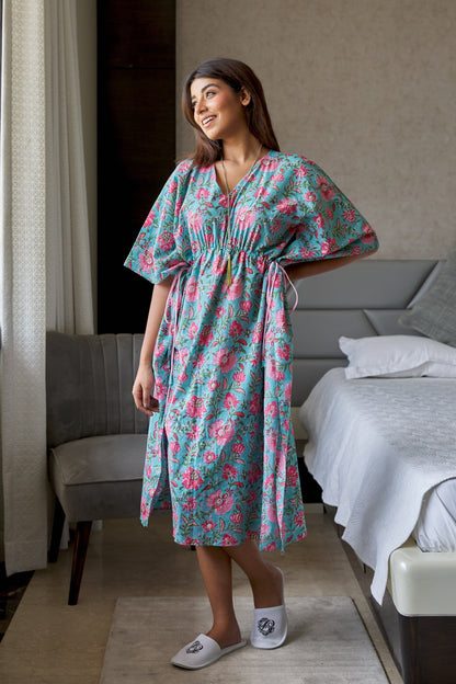 Blue Floral Cotton Kaftan Dress