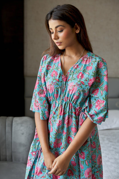 Blue Floral Cotton Kaftan Dress