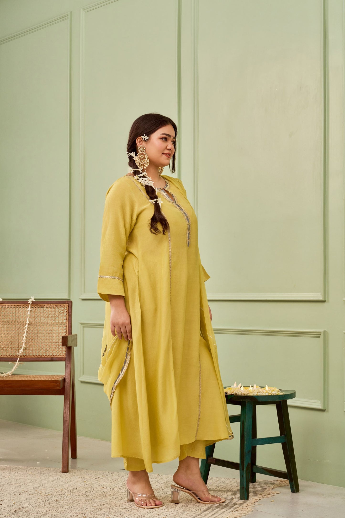 Mehendi Green Muslin 3 Kali Suit Set with Gota Details (Set of 3)