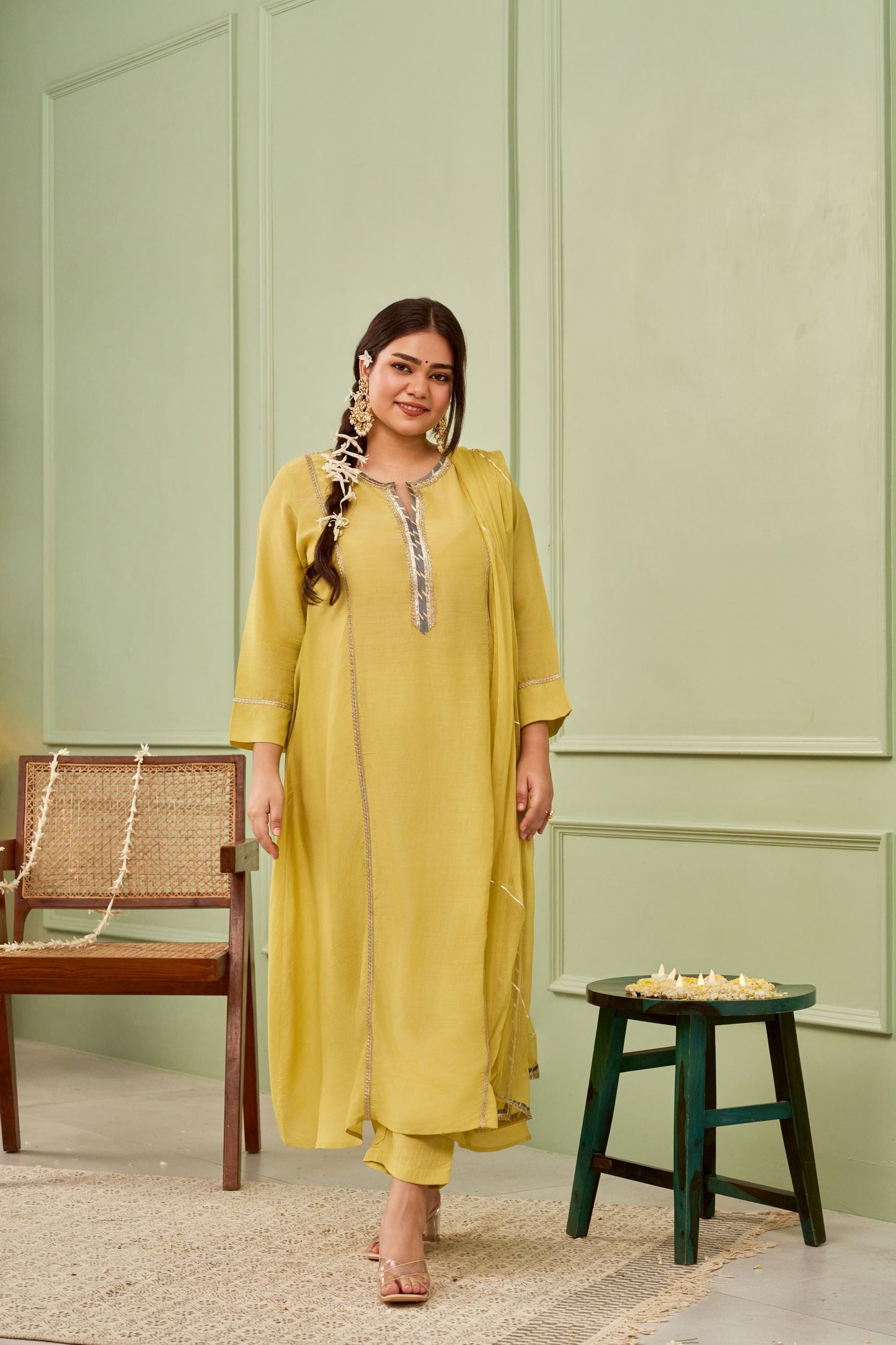 Mehendi Green Muslin 3 Kali Suit Set with Gota Details (Set of 3)