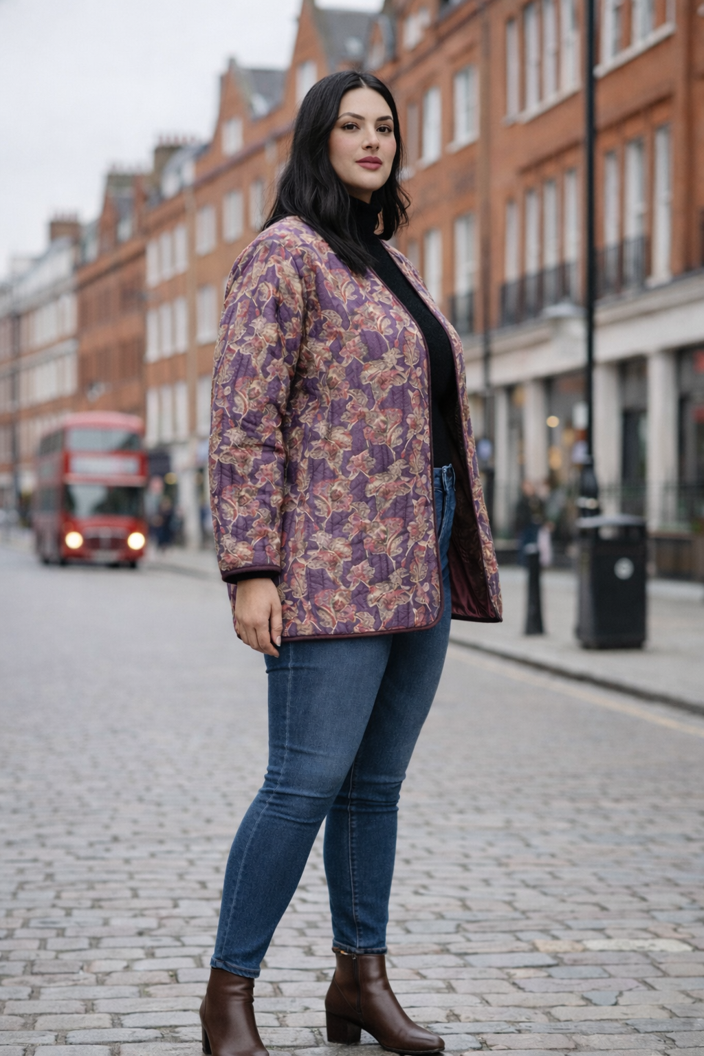 Floral Hand-Block Quilted Puffer Winter Longline Jacket – Plum Blossom