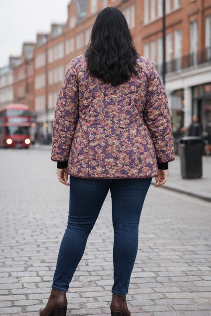 Floral Hand-Block Quilted Puffer Winter Longline Jacket – Plum Blossom