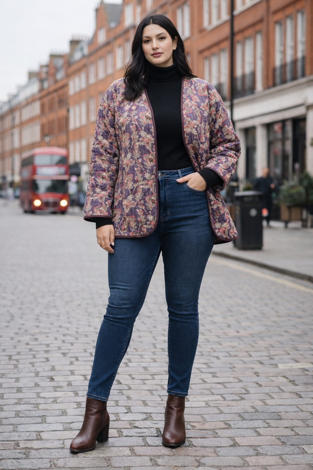Floral Hand-Block Quilted Puffer Winter Longline Jacket – Plum Blossom