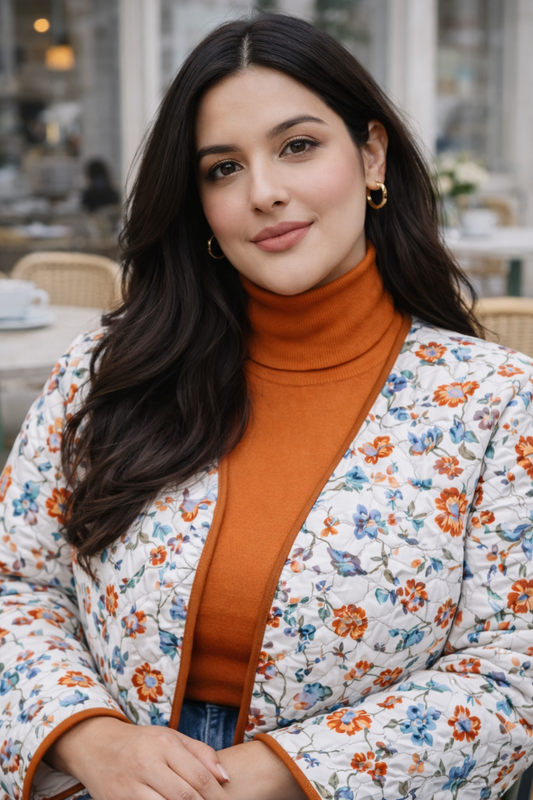 Floral Hand-Block Quilted Puffer Cotton Longline Jacket – Ivory Garden – plus size cotton winter wear outerwear