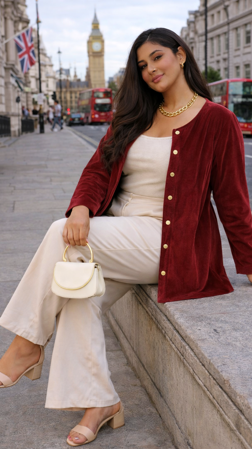 Wine Suede Velvet Longline Button-Down Jacket – Elegant Structured Fit – plus size velvet winter wear outerwear